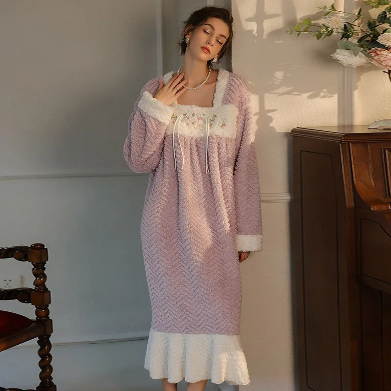 autumn and winter dress purple thick coral fleece Simple style floral women's nightgown mixed colors warm sleepwear FG661