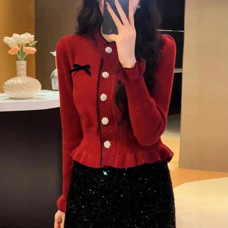 

Новый стиль, короткий красный рождественский свитер с бантом, пальто, женский облегающий вязаный кардиган с длинными рукавами, топ, укороченный кардиган, женский свитер