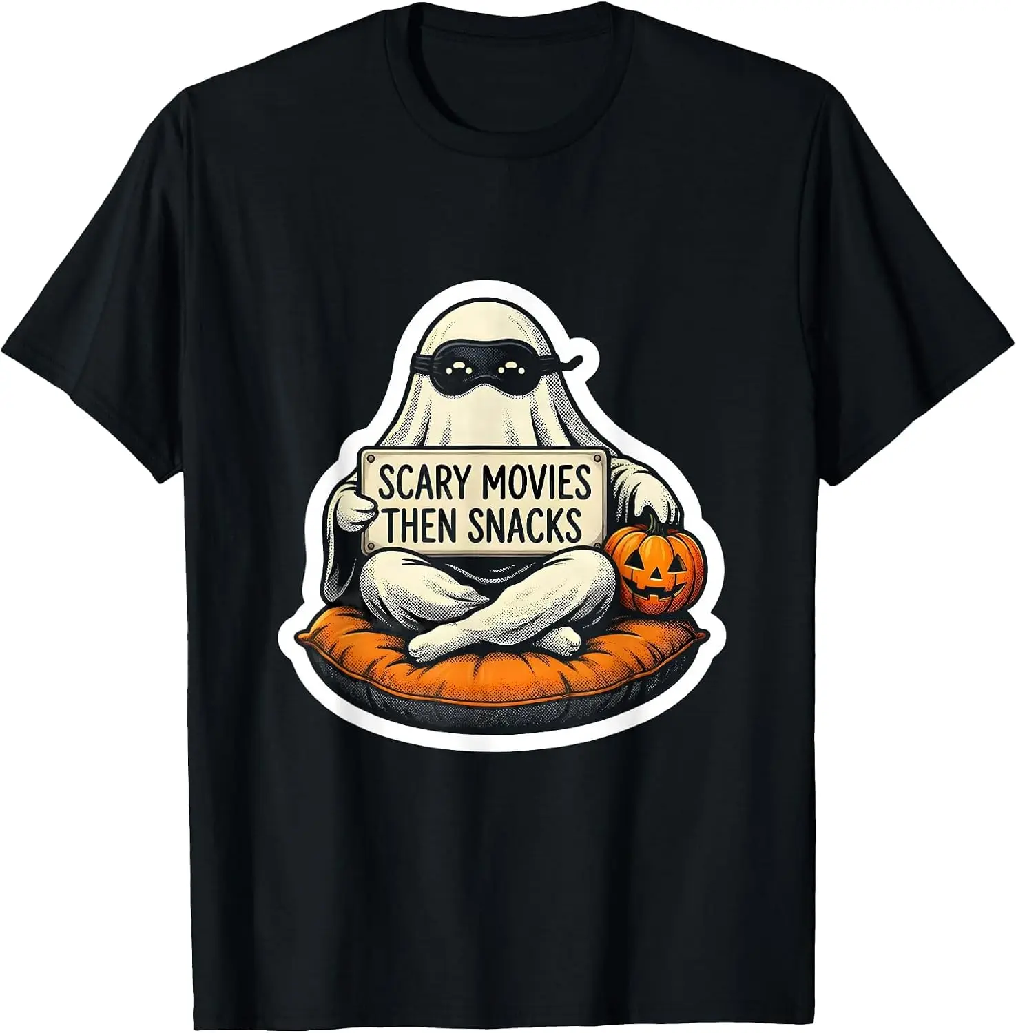Men's Scary Movies Then Snacks Cute Ghost Halloween Humor T-Shirt Men's Spooky Halloween Graphic Print T‑Shirt, Crew Neck Short Sleeve Casual Cotton Tee For Holiday Party Daily Street Wear.