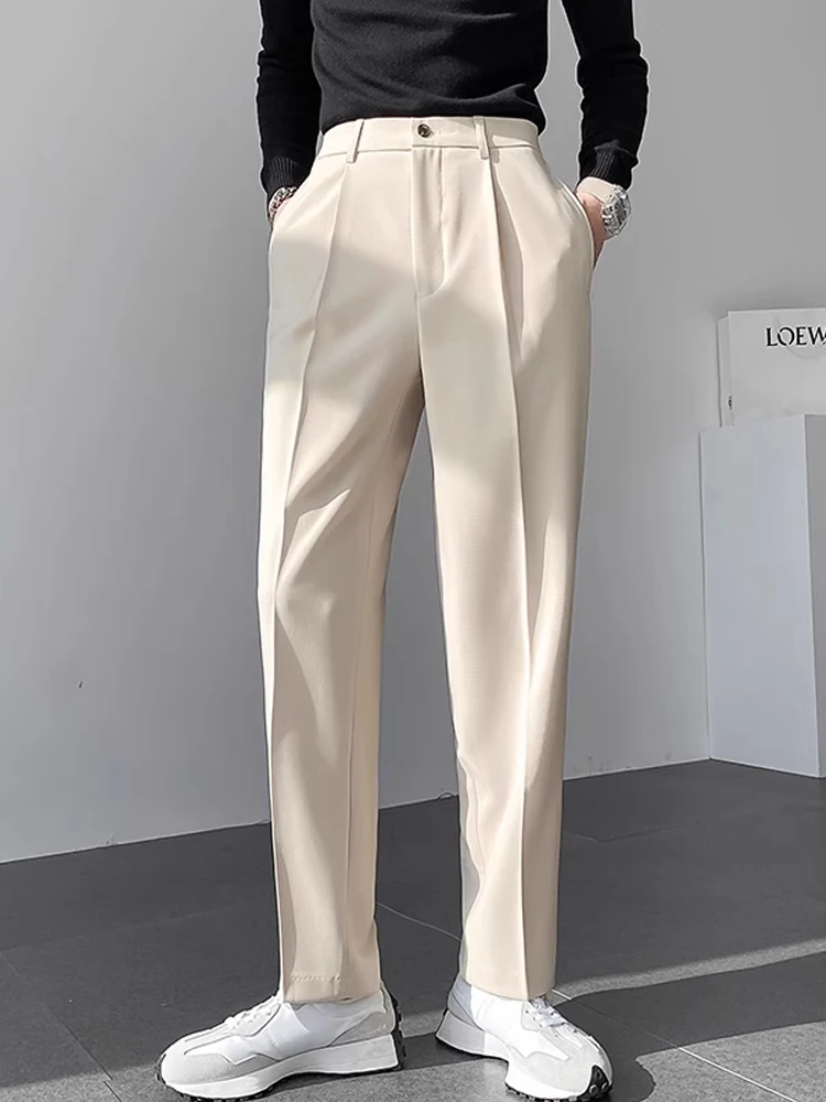 

Light Maturity Style Men's Summer Ice Silk Thin Khaki Casual Suit Pants Drapey Lightweight Fashionable Low Waist Straight Leg