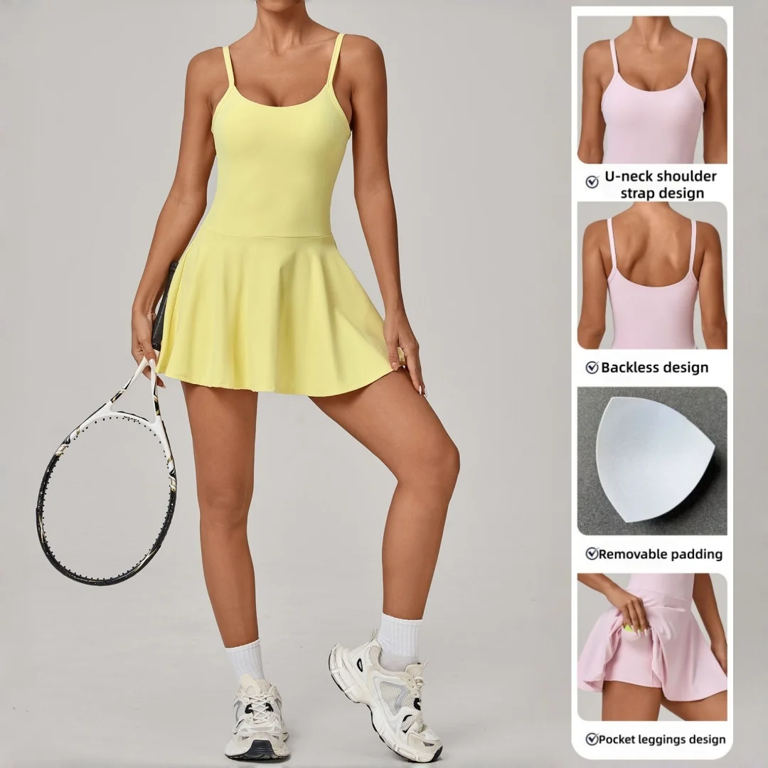 

Women's Anti-Exposure Tennis Dress Sports Tight Backless Breathable with Chest Pads Golf Running Workout Clothes Gym Yoga Dress
