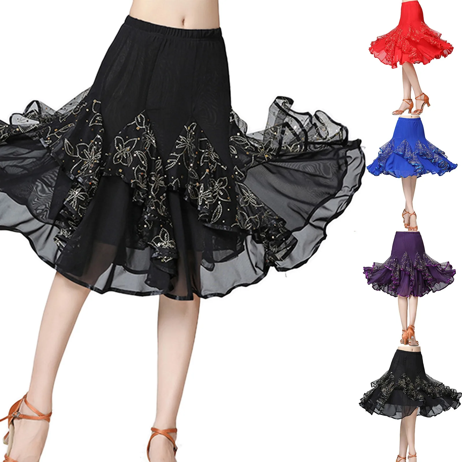 Women\'s Elegant Large Swing Half Skirt Fashion Lace Embroidery Ruffle Dance Skirt High Waisted Stage Performance Half Body Skirt