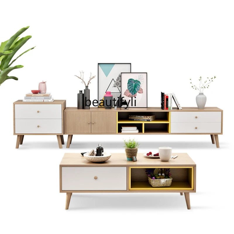 Nordic Coffee Table TV Cabinet Unit Wood Color Rectangular Storage Organizer Household Living Room Tea Table furniture