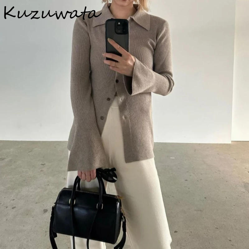 Kuzuwata Vintage Turn-Down Collar Flare Sleeve Jumper Single Breasted Solid Stripe Pull Femme Japan Fashion Soft Simple Tops