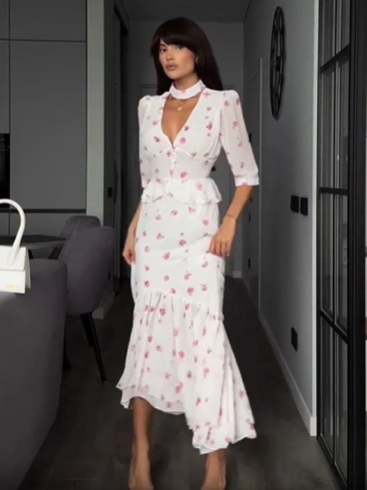 Women White Pink Floral Choker Neck Midi Dress Elegant V-neck 3/4 Sleeve Peplum Ruffle Hem Cusual Dress Fitted Cocktail Dresses view 4