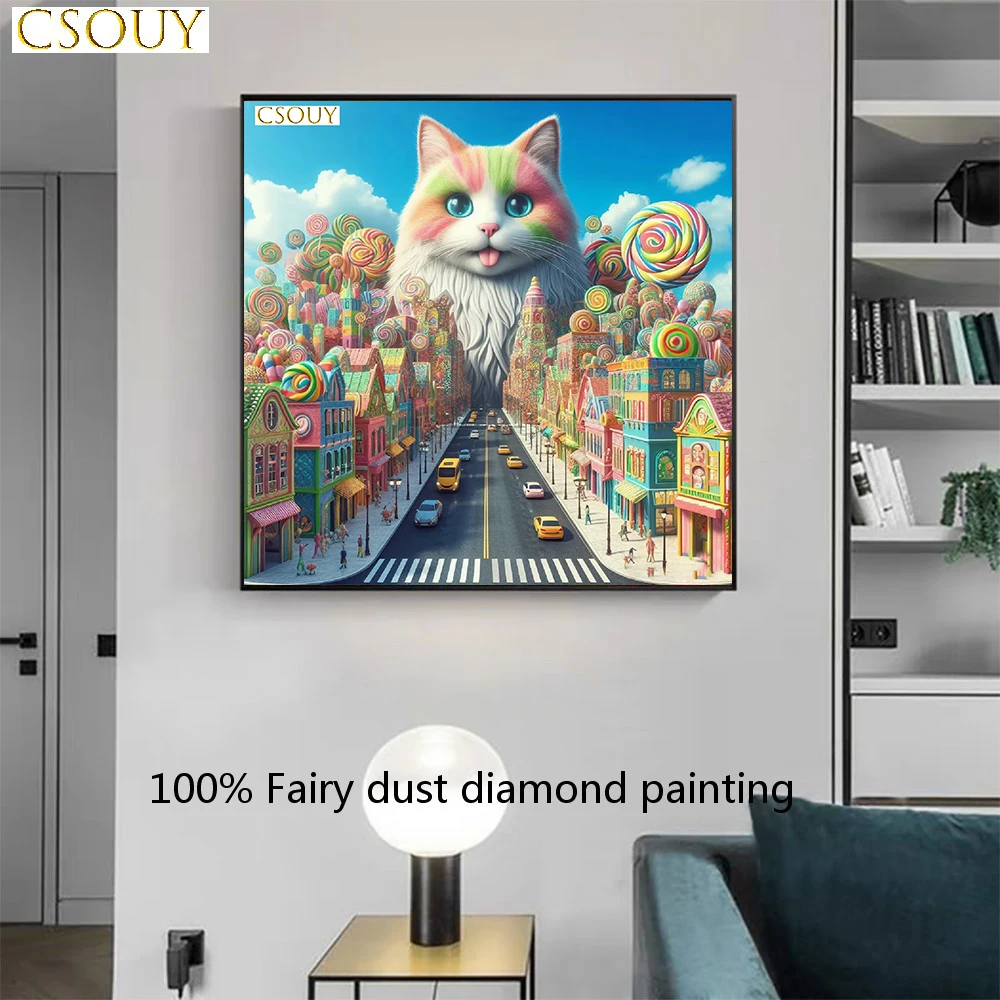 

Rainbow Candy House Cat Fairy Dust Square Drill Full Diy Diamond Painting Cross Stitch Crystal Embroidery Mosaic Decor Needllwor