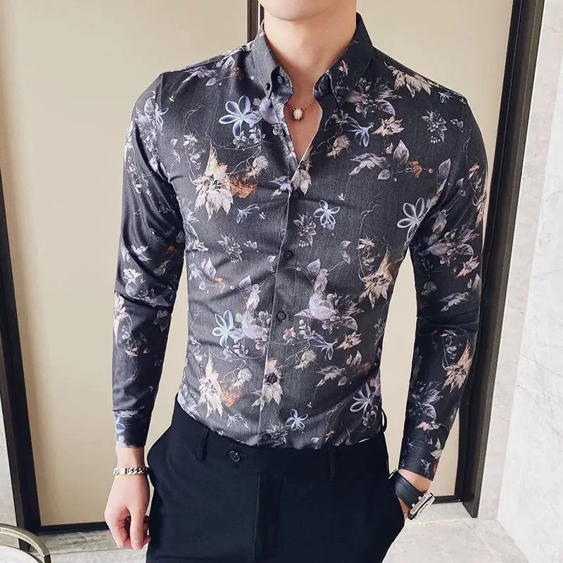 2024 Spring Autumn New Pattern Flower Shirt Men\'s Long Sleeve Button Cardigan Trend Printed Slim Commute All-match Shirts Tops