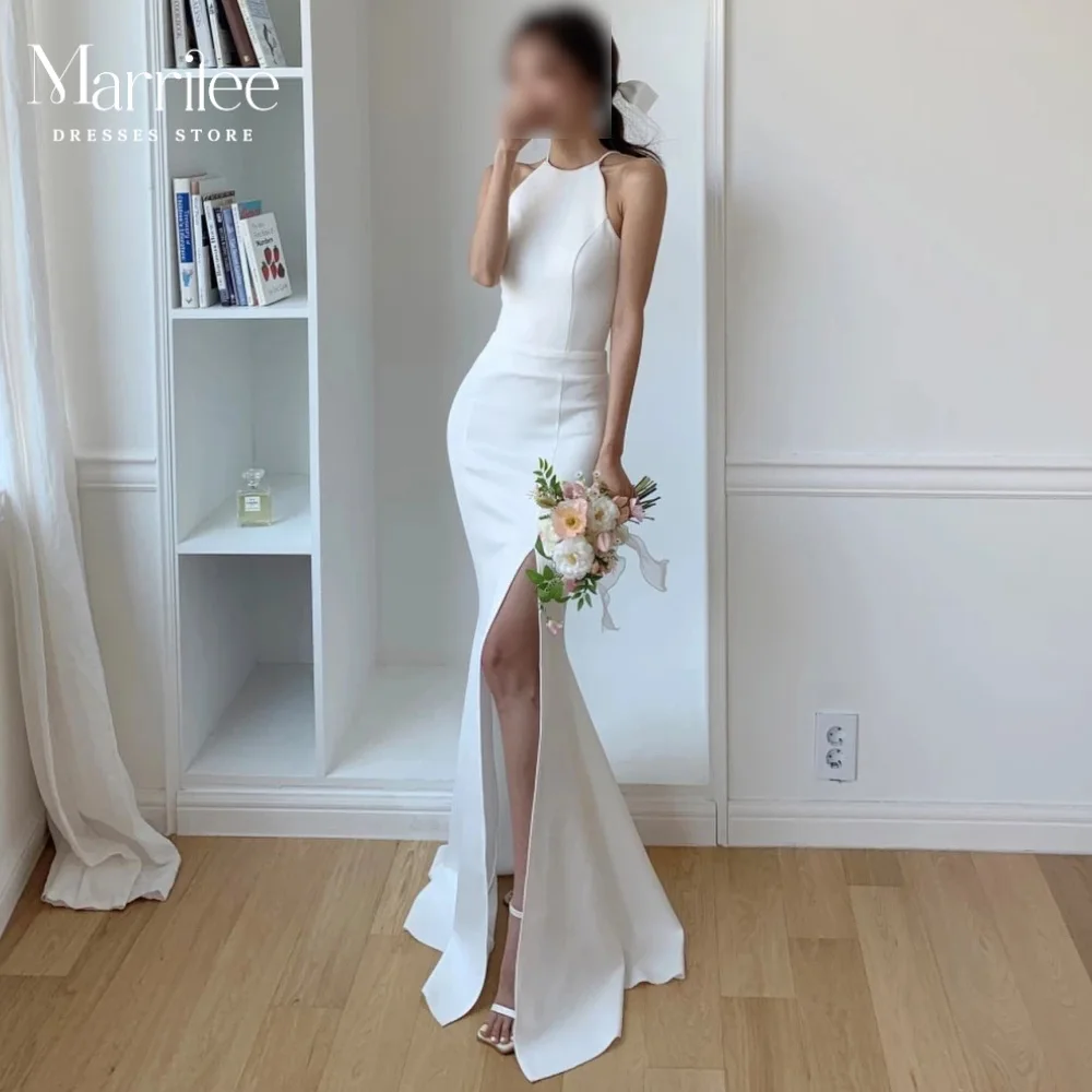 Marrilee Modesto Abito da sposa in raso Sirena Spacco laterale Scollo rotondo Senza maniche Sposa sul retro 2 in 1 Top Morden Abiti Longos 2024