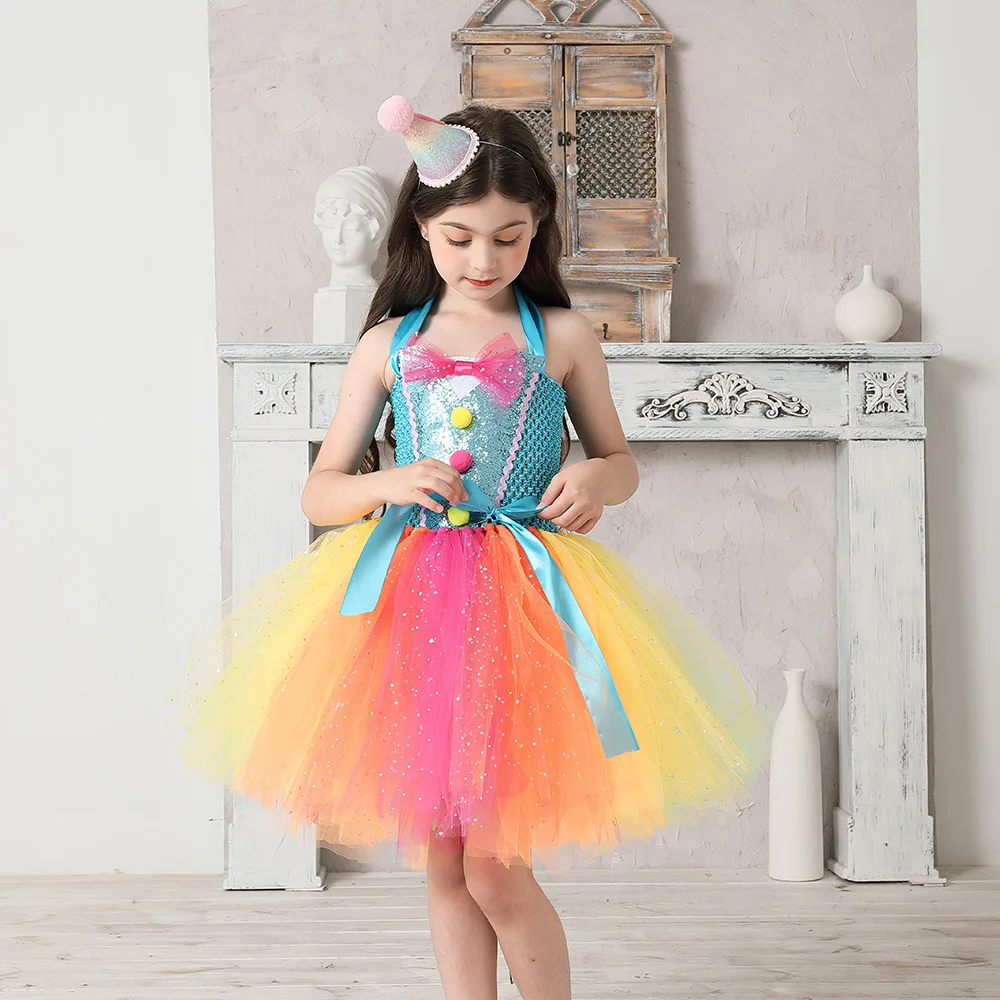 Rainbow Gradient Sequin Tulle Tutu Dress Girls Kids Birthday Party Gown Colorful Mesh Outfit Children Birthday Occasion Apparel