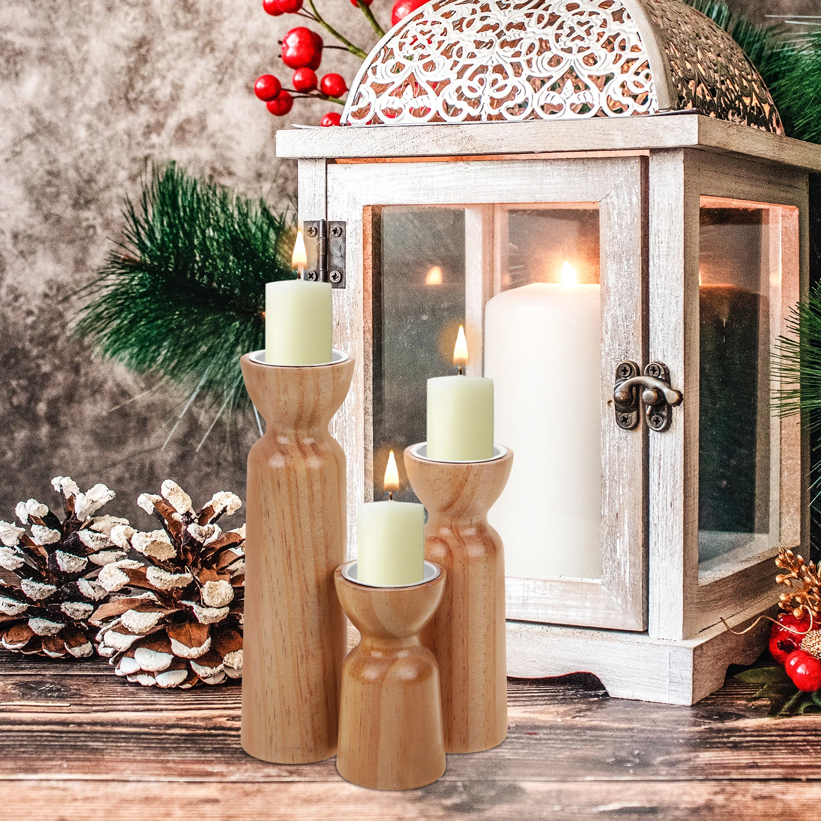 

3pcs Vintage Wooden Holders Rustic Tea Light Stands Decorative Pillar Candles Stable Base Sturdy Aluminum Gift Home