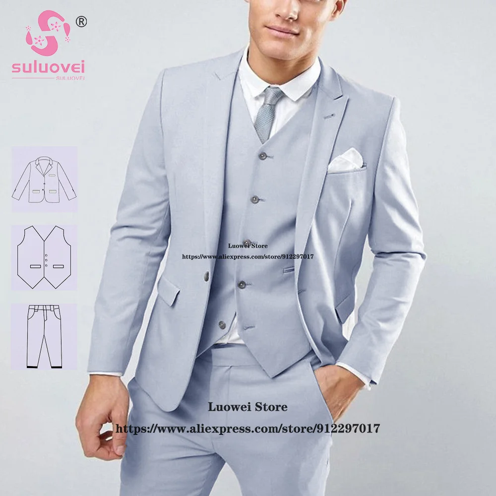 Fashion Light Grey Suits For Men Slim Fit 3 Piece Jacket Vest Pants Set Groom Wedding Peaked Lapel Tuxedo Business Costume Homme