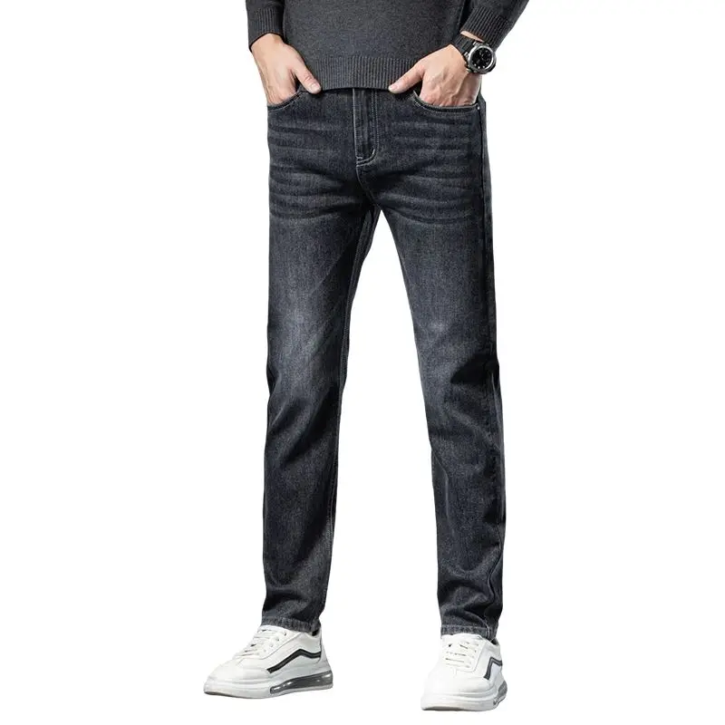 メンズ秋冬暖かいフリース裏地付き厚手ストレッチソリッドジーンズビジネスカジュアルジーンズ軽量パンツオフィス日常着