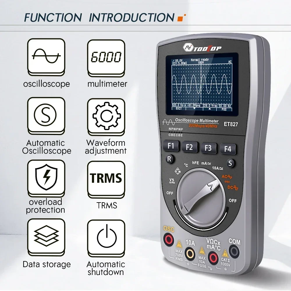 TOOLTOP ET827 40MHz  Digital Oscilloscope Multimeter 2in1 200Msps/S Sampling Rate T-RMS Multimeter Electronic Measurement Tools