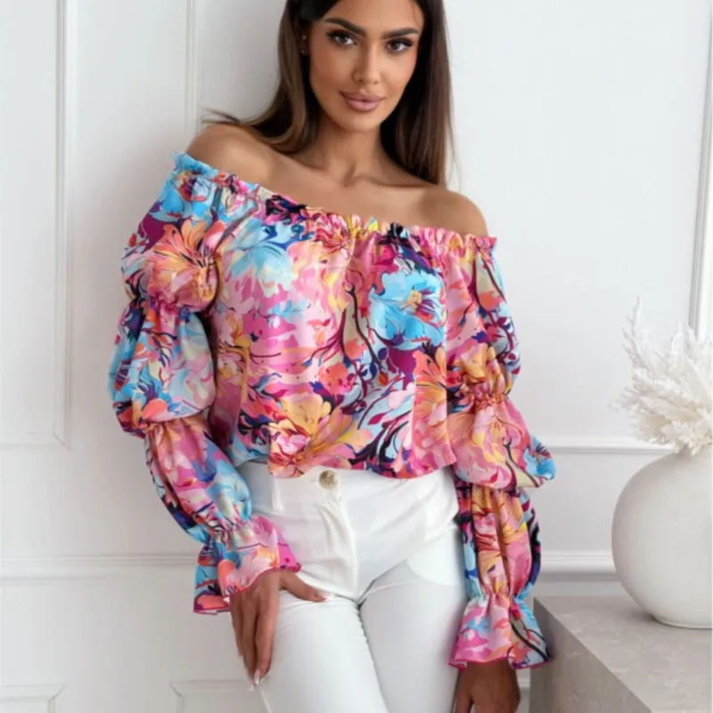 Floral Print Sexy One-shoulder Shirt Women Elegant Fashion Pleated Off Shoulder Blouse For Women 2024 Casual Loose Ruffles Tops