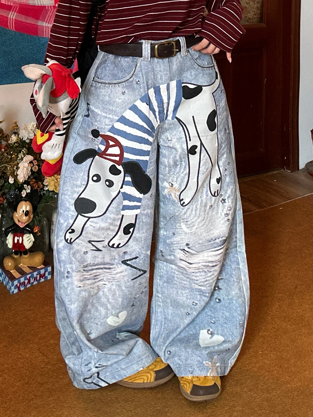 

American fiti Sle Dog Print Jeans Loose Wide Leg Pants High Waist Button Closure Women's Spring New Faion Trend