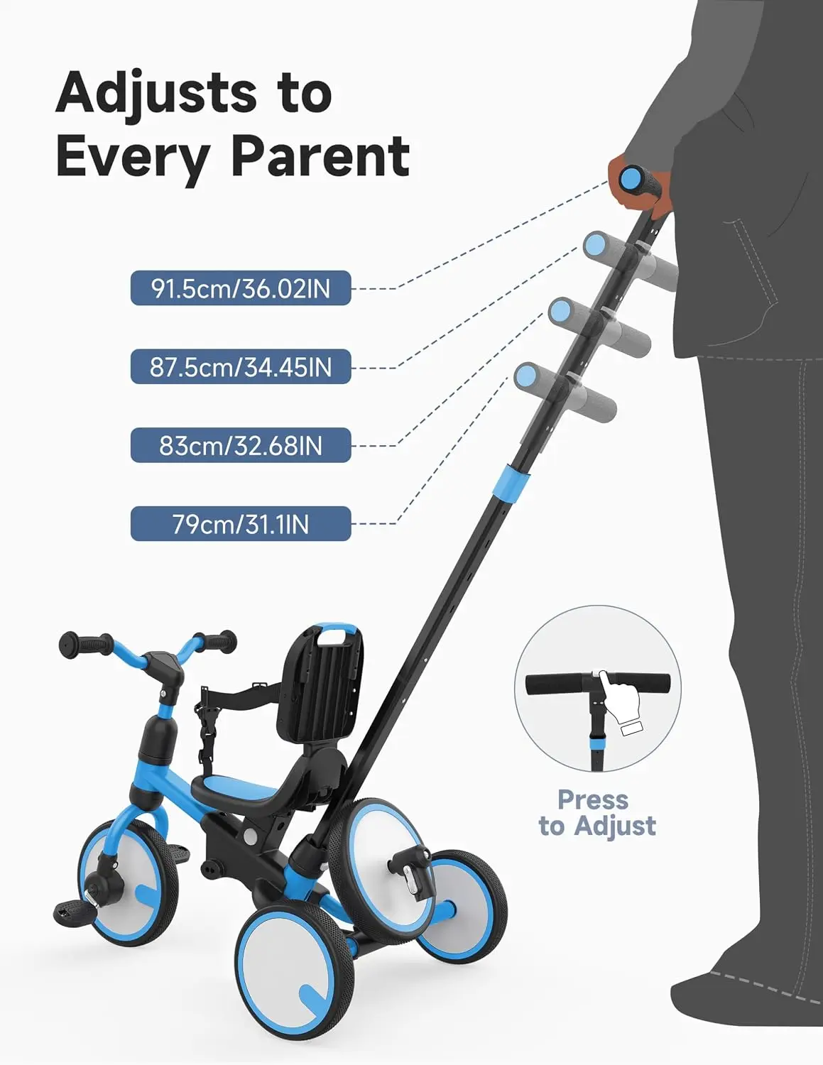 5-in-1 Toddler Tricycle with Push Handle, Grow with Me Kids Trike for 1-3 Years, Balance Bike & Tricycle, Adjustable Parent Steering, Safety Seat with Backrest view 6