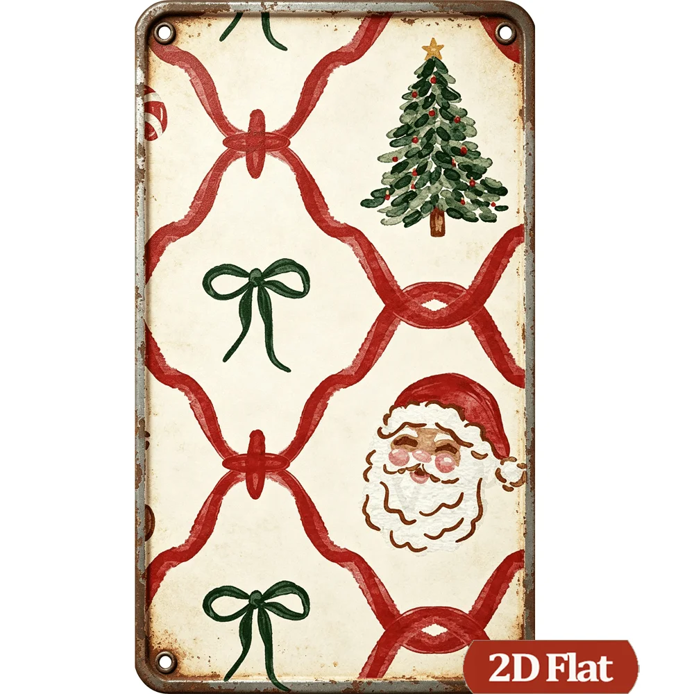 8X12 Inch Vintage Watercolor Christmas Pattern Metal Sign, Santa Face Christmas Tree Bow Check Plaid Rustic Wall Art, Retro Farm