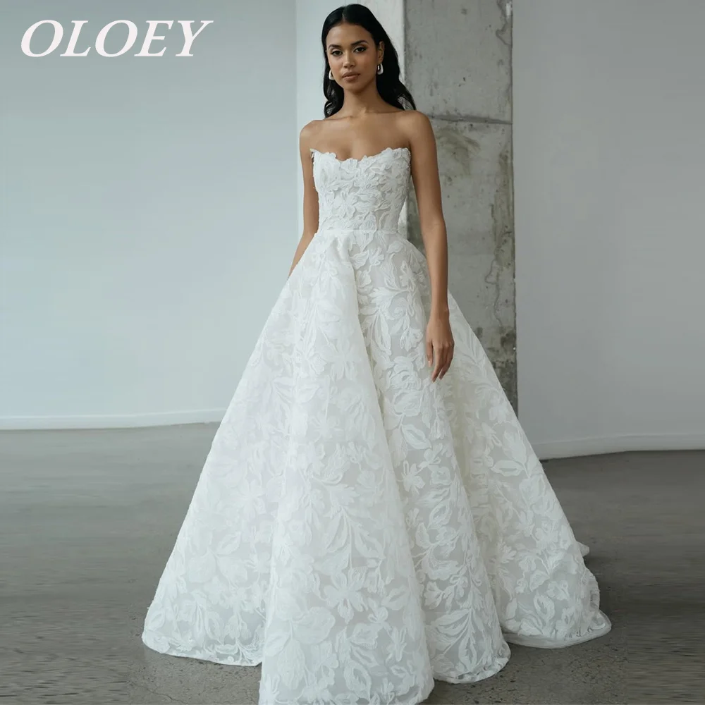 OLOEY Luxus Spitze Elfenbein Brautkleid Herzförmiger Ausschnitt A-Linie Maßgeschneidertes Brautkleid Sweep Zug Reißverschluss Knöpfe Robe de mariage
