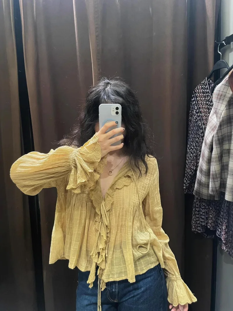 

Spring Summer New Faion Design Yellow Lace Trim Gentle Long Sve irt Top Korean Sle Women's Pure Cotton Blouse