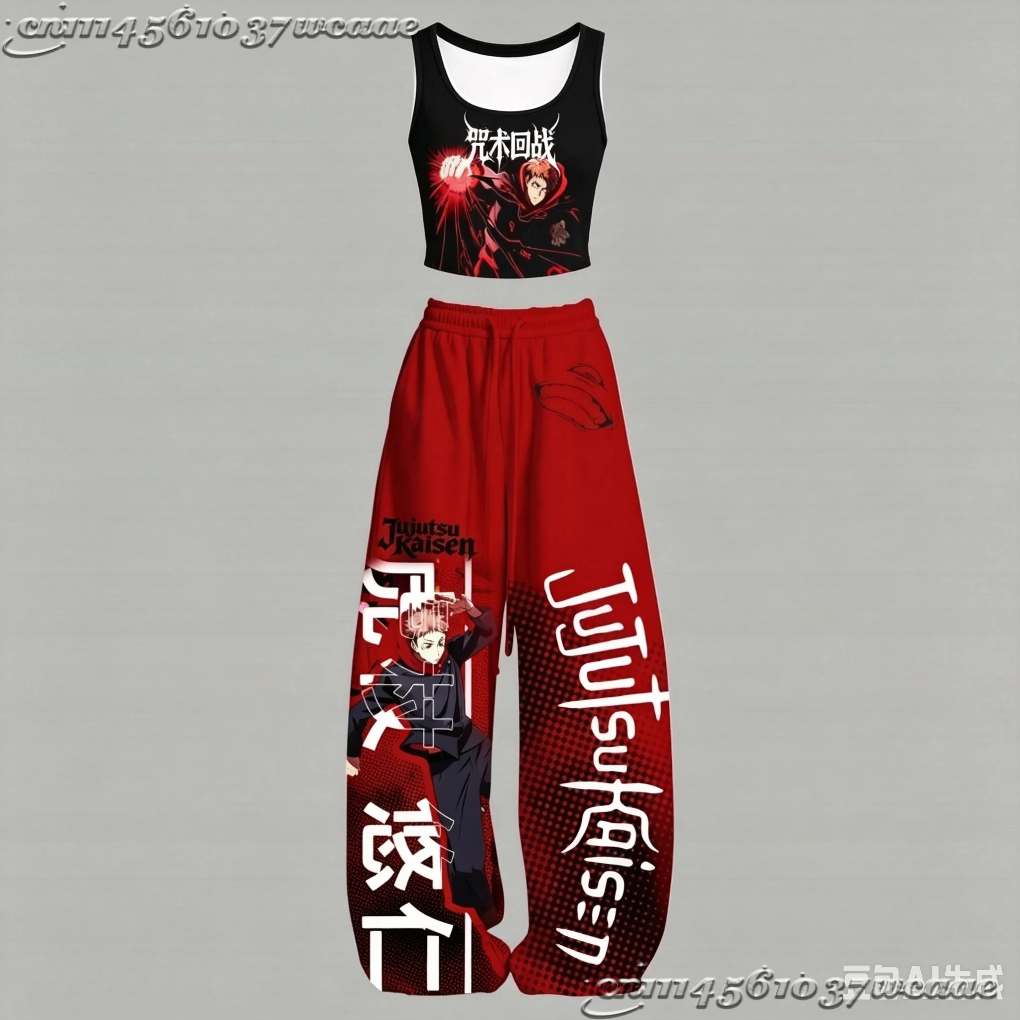 2026 New Universal Tank Top Wide Leg Pants Set Jujutsu Kaisen Yuji Itadori Red Black Anime Print Two Piece Outfit  Family Kids