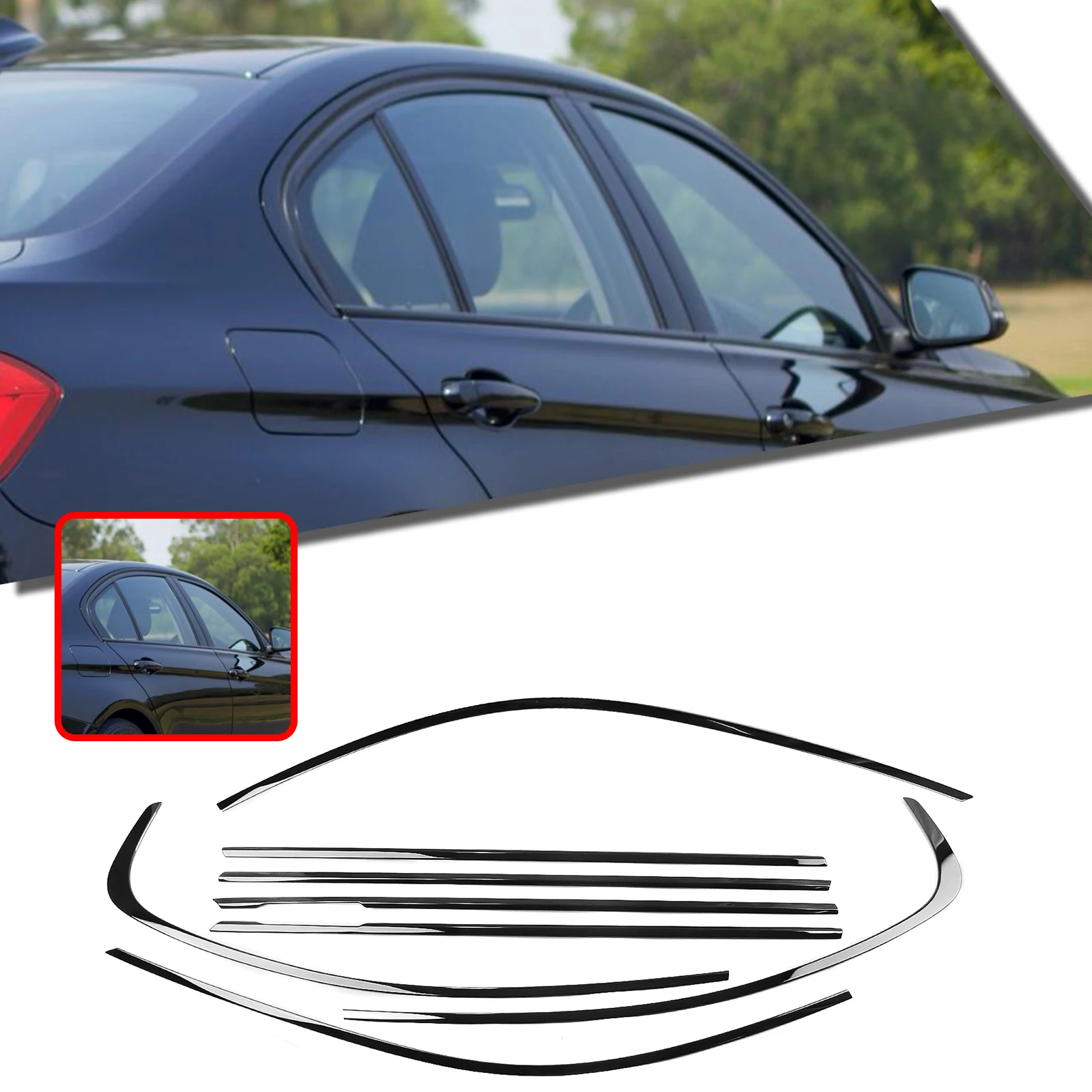 Image of Glänzend schwarze Außenfensterstreifenverkleidung für BMW 3er F30 2013–18, kurze Achse, Dichtungsschutz, Dekor, Dichtungsstreifen-Styling-Abdeckung