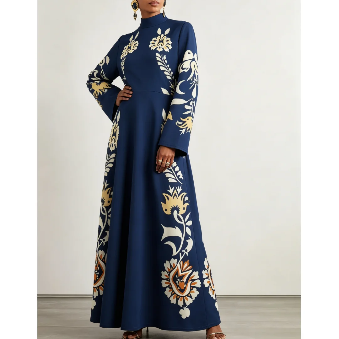 Elegantes Damen-Maxikleid mit Vintage-Blumendruck, hohem Kragen, ausgestellten langen Ärmeln, Herbst 2026, schlichtes, lockeres A-Linien-Partykleid. – Detail 6