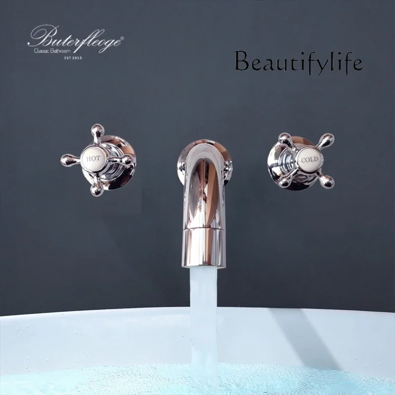 BJ Bathroom Copper Three-hole Wall Basin Faucet Hole Spacing Adjustable All-copper Chrome-plated Gold-plated Outlet