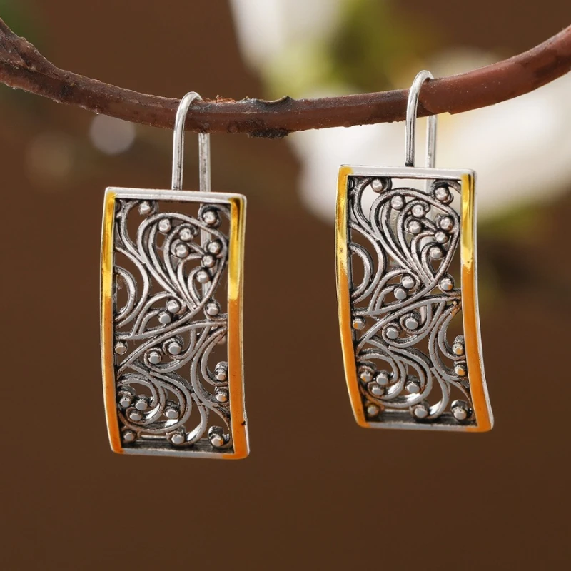 Vintage Silver Hollowed Out Patterned Gold Color Rimmed Earrings Women's Unique Charm Jewelry Holiday Party Accessories Gifts - view 3