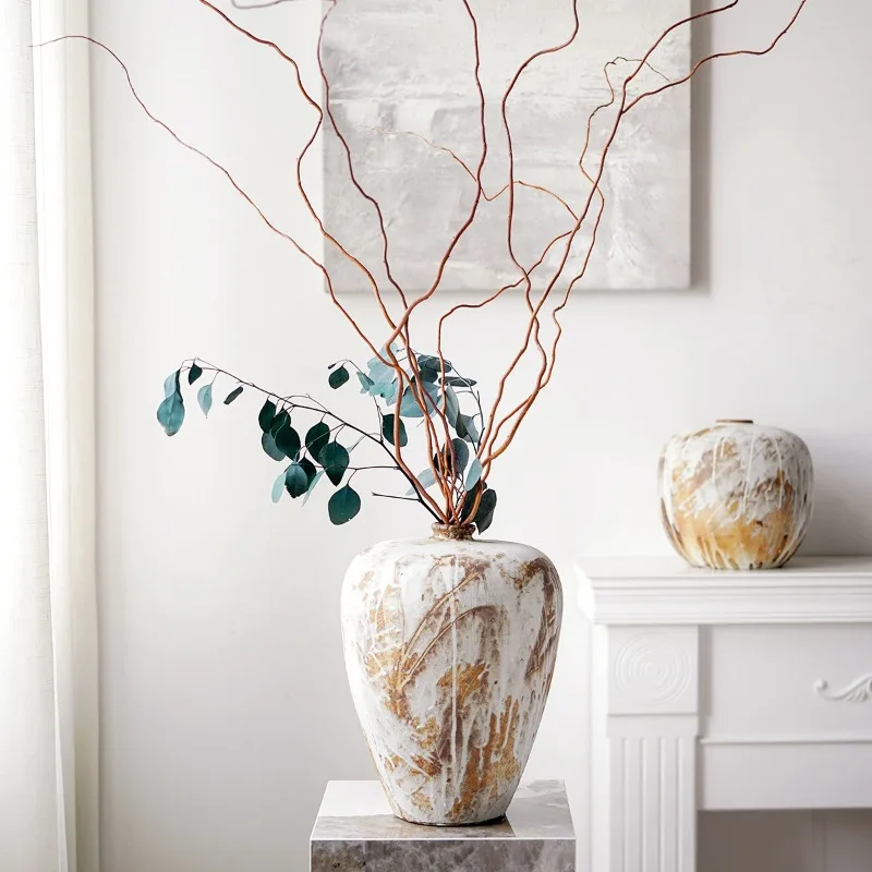 retro coarse pottery vase ornament, living room flower arrangement, high-end homestay hotel decoration, home ornament
