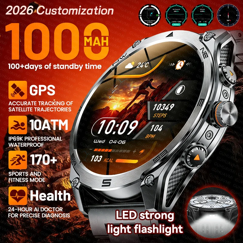2026 New Men Customized Outdoor 1000mAh Big Battery Smart Watch GPS Flashlight 10ATM Waterproof Bluetooth Call Sports Smartwatch