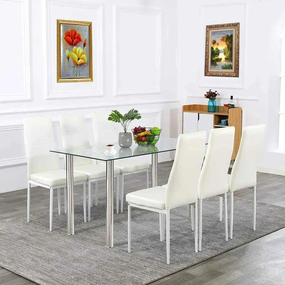 7 Pieces Dining Table Set Modern Glass Dining Table with 6 Faux Leather High Back Chairs White Dinner Set for Dinin