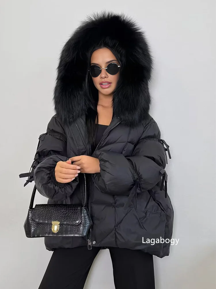 Lagabogy 2026 Big Natural Fox Fur Puffer Jacket New Winter Clothes Women Thick Warm White Duck Down Coat Female Real Fur Parker
