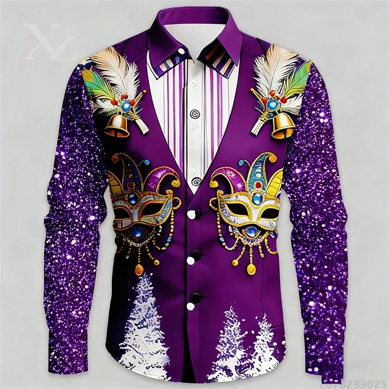 Men's Carnival Mask Faux Two-Piece Printed Long-Sleeve Shirt, Loose Fit Casual Party Top XS-6XL