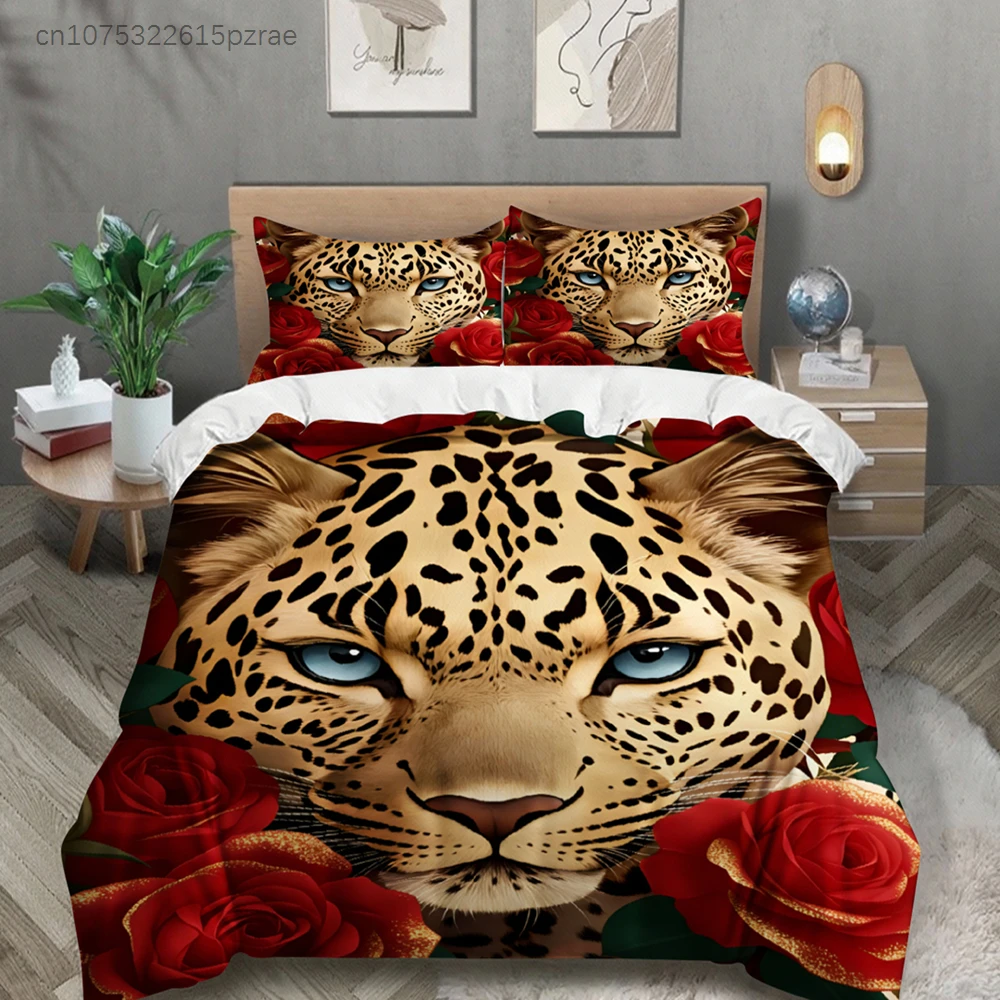 Leopard Print Bedding Set Red Roses And Leopard Face Design Duvet Cover Pillowcases Fade-Resistant For Bedroom Decor