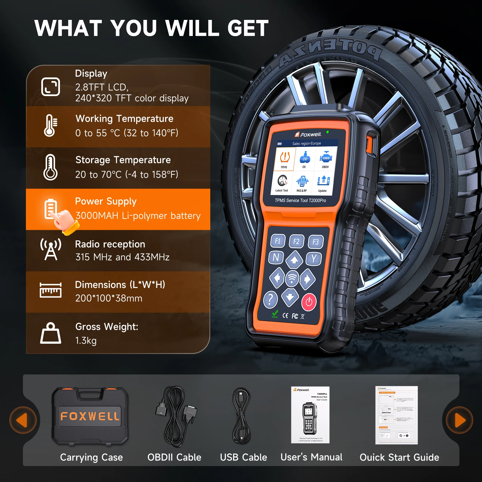 FOXWELL T2000 Pro TPMS Relearn Tool Activate/Relearn All Sensors TPMS Scan Tool Read/Clear DTCs Read Sensor Data TPMS Progra