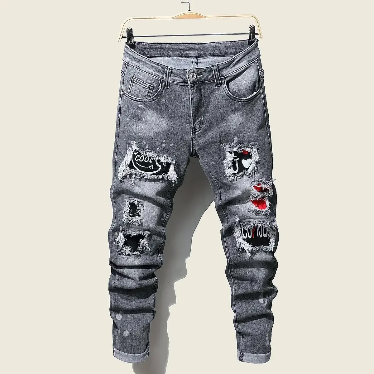 Eleganckie jeansy męskie fajne podarte spodnie Skinny Fit Casual Jogging jeansy dla mężczyzn moda Streetwear Hip Hop męskie Slim Fit długie spodnie