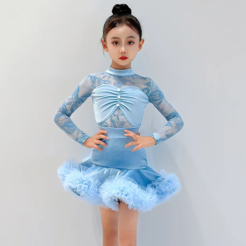 

Синее бархатное латинское платье 2025 года, наряд для танцевальных соревнований для девочек, боди с длинными рукавами и юбкой, детский танцевальный костюм для выступлений 4643