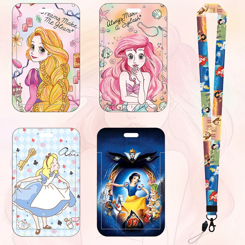 Disney Princess Frozen Anna Elsa PVC Card Cover Cinderella Alice Snow White Ariel Student Campus Card Holder Case Neck Lanyard