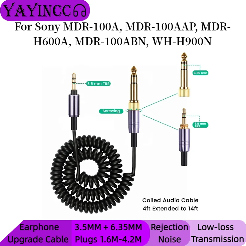 

YAYINCC Replacement 3.5MM+6.35MM Plugs Spring Relief Coiled Cable for Sony MDR-100A, MDR-100AAP, MDR-H600A, MDR-100ABN, WH-H900N