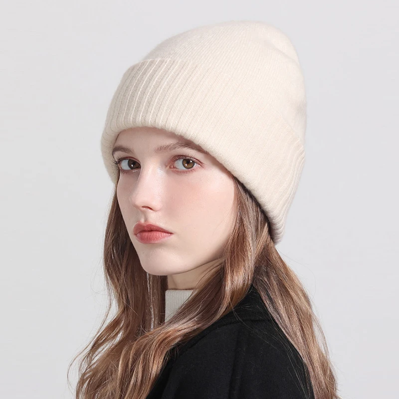 Autumn Winter Models Rabbit Velvet V Women's Knitted Hat Soft Double Layer Warm Rabbit Hair Wool Cap Stacked Hat