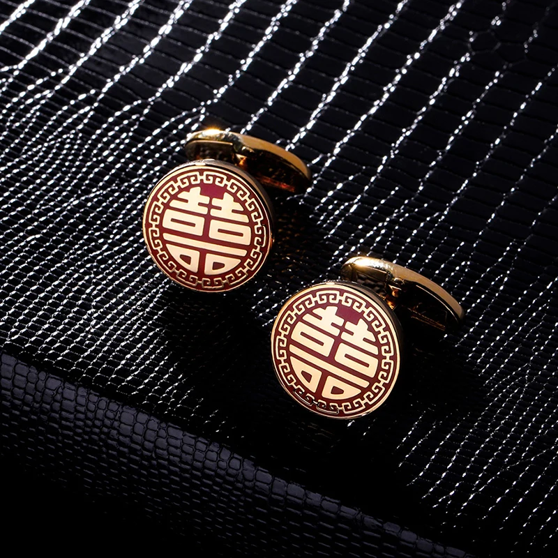 

KFLK shirt cufflinks for mens Brand cuff buttons Gold-color cuff link High Quality Red abotoaduras Chinese style guests
