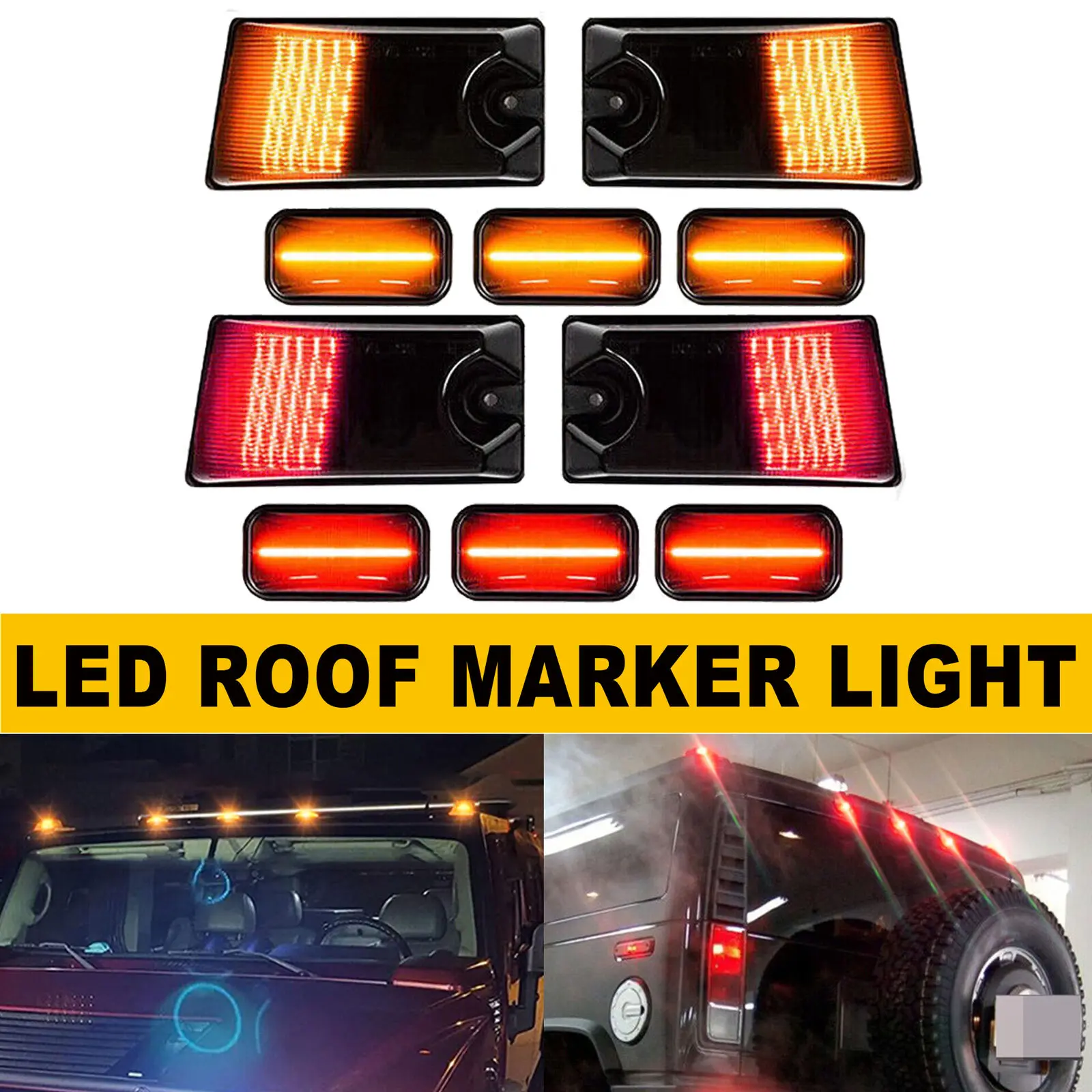 Winetis 10Pcs Smoke Lens Red + Amber LED Top Cab Roof Marker Clearance Running Lights for 2003-2009 Hummer H2 / 05-09 H2 SUT