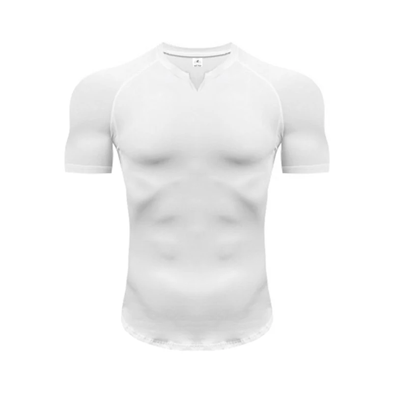 Gym Bodybuilding Workout Training Clothing Plain Tight Mens Running T-shirts Summer Quick Dry Slim Fit V-neck Fitness Shirts