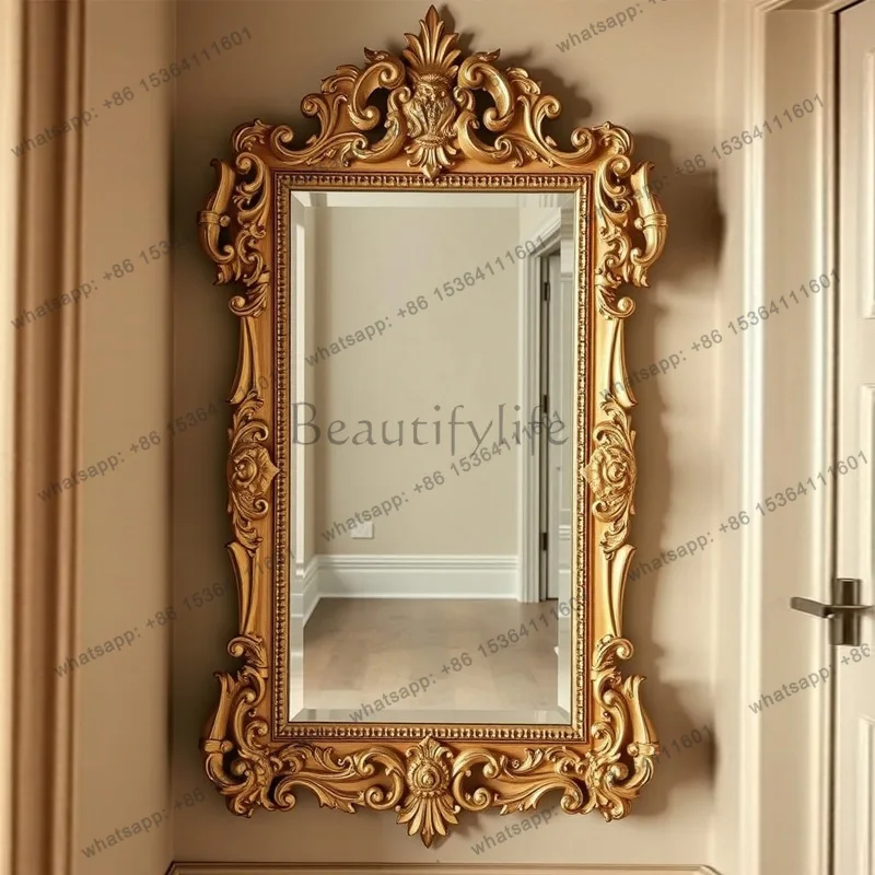 French retro carved wall mirror light luxury court style decorative mirror