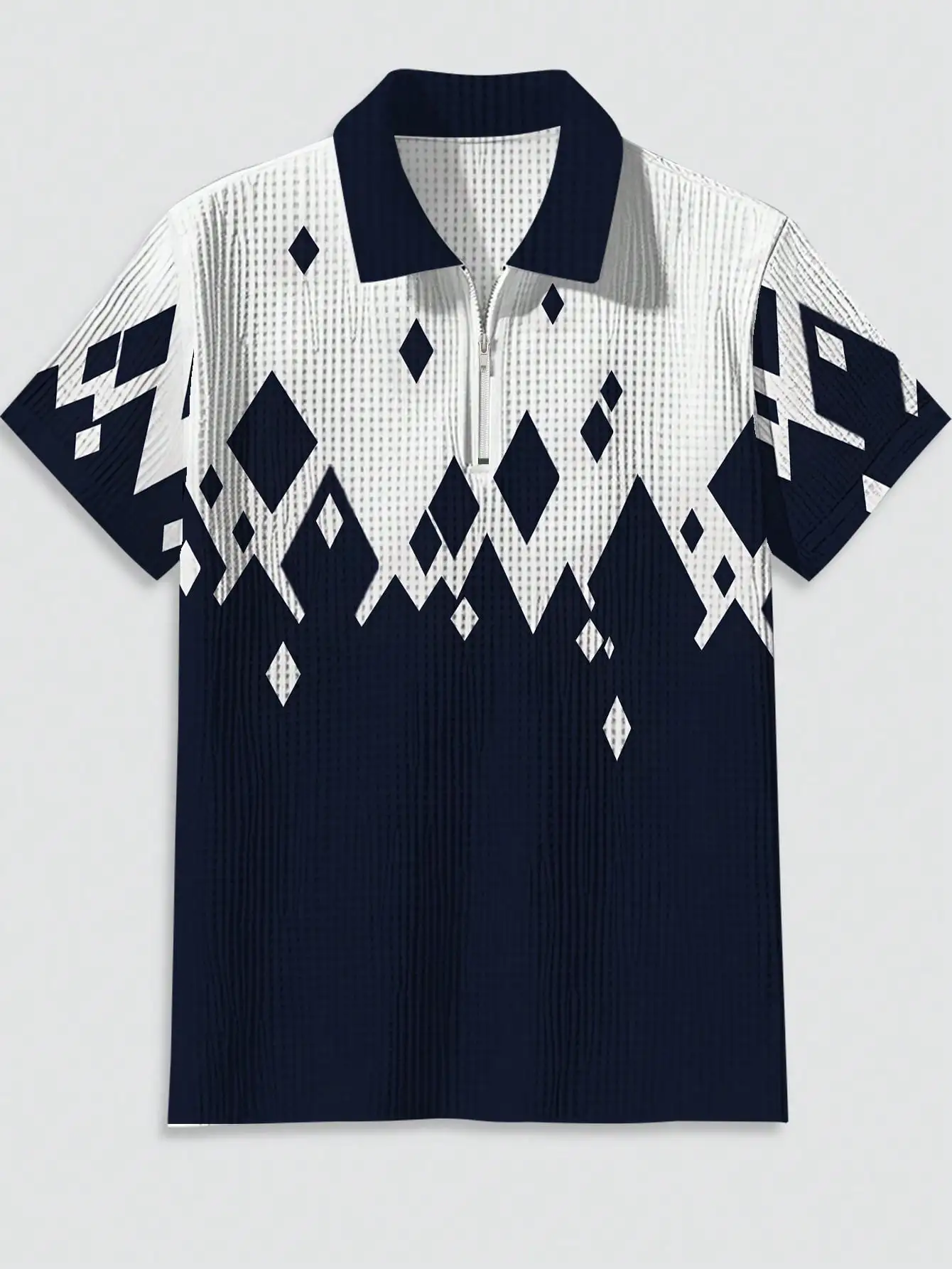 

Men's Short Sleeve Waffle Knit Polo with Geometric Diamond Print, Casual Summer Wear