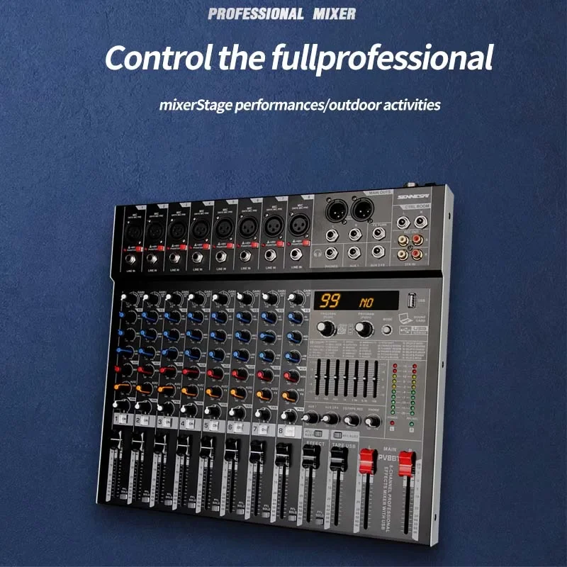 SENNESAI PV8 Professional Audio Mixer Console bluetooth USB Computer 48V Power 8 Channel Built-in 99 Reverb Effect