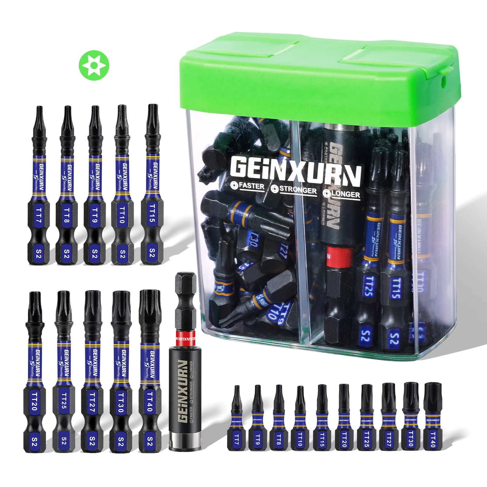 

Geinxurn, 31 шт., набор отверток Torx для ударной безопасности, (TT7-TT40), магнитные стальные биты 1 дюйм и 2 дюйма S2 с цветной коробкой для хранения