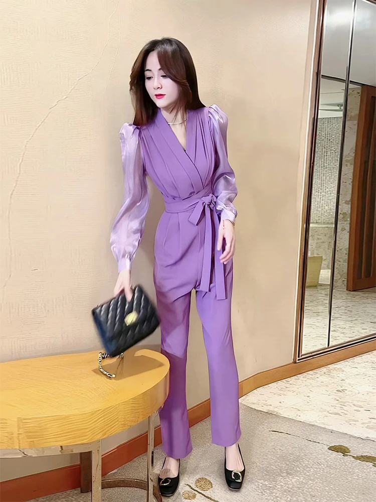 Ele Kombinezon z wysokim stanem dla kobiet, wiosna-jesień, nowy, modny zestaw w stylu streetwear, wyszczuplający, patchworkowy strój z spodniami.