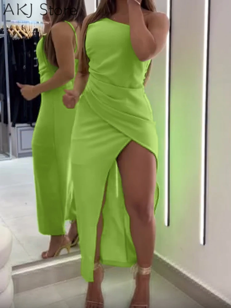 

One Shoulder Sleeveless Ruched Side High Slit Maxi Dress