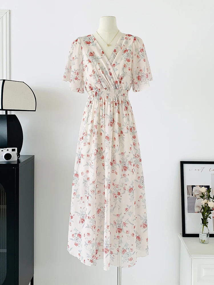 2025 여름 짧은 소매 캐주얼 드레스 여성 탄성 허리 Pleated Backless 인쇄 쉬폰 드레스 여성 미디 드레스 Vestidos